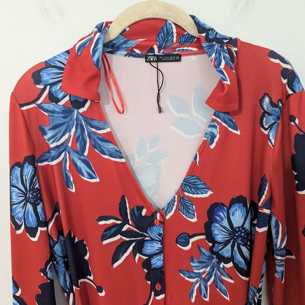 Zara Floral Print Button Front Long Sleeve Collared Midi Shirt Dress Red Small S - Picture 7 of 10